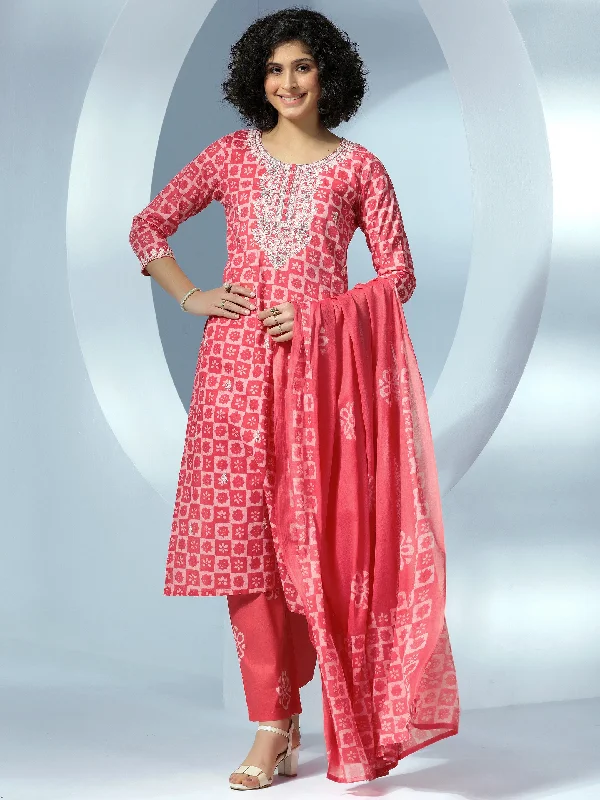 Coral Printed Cotton Straight Suit With Dupatta