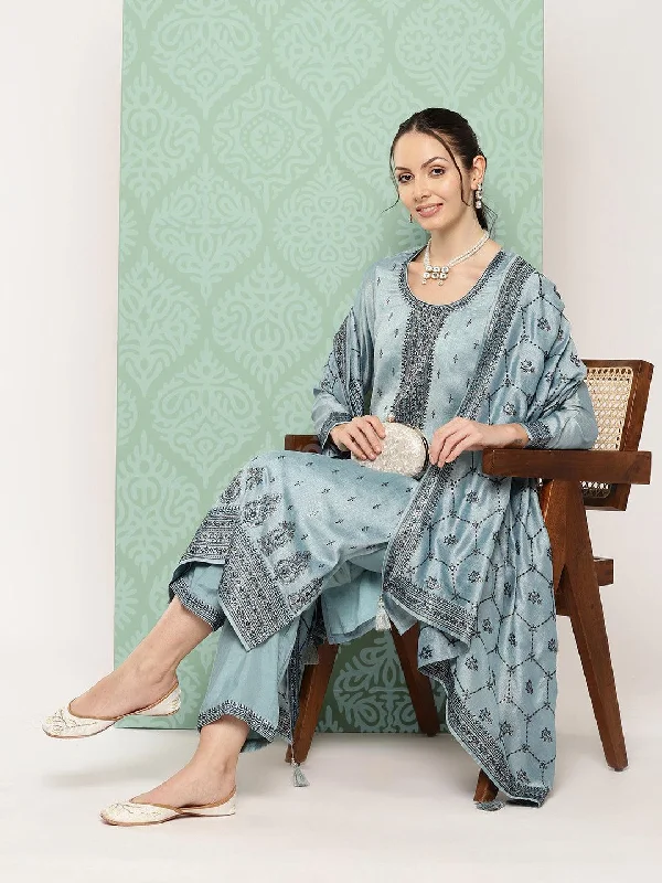 Blue Embroidered Silk Blend Straight Suit With Dupatta