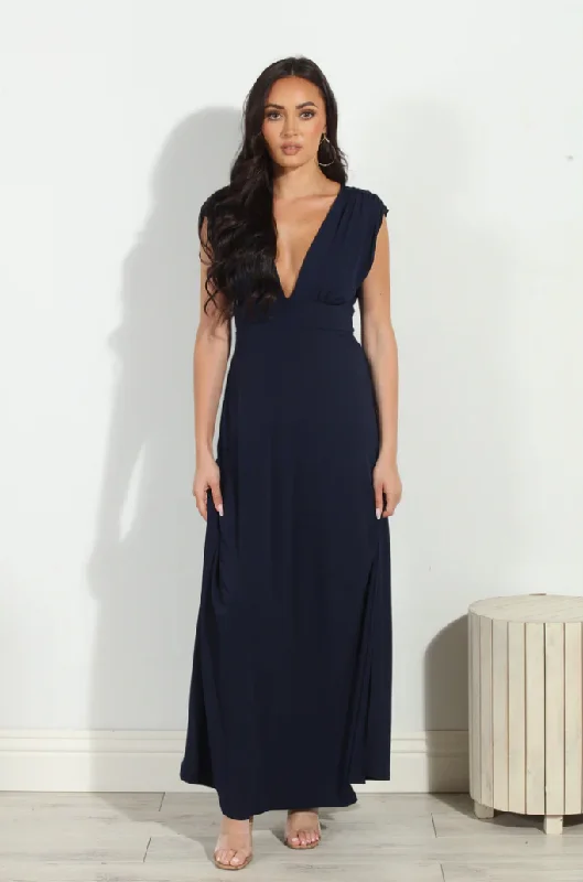 Navy Stretch Deep V Maxi Dress