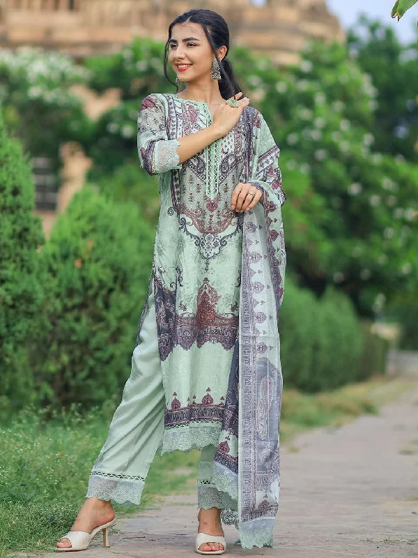 Green Printed Silk Blend Pakistani Suit