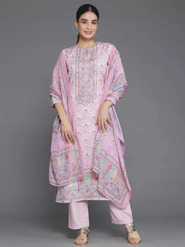 Pink Printed Poly Crepe Straight Suit With Dupatta