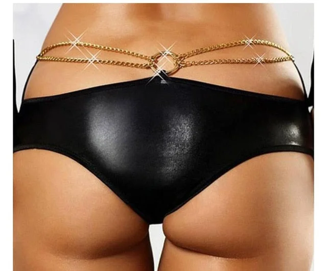 Faux Leather Underwear Black Sequin Chain Thong*