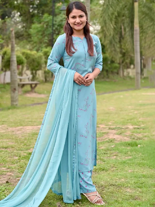 Blue Printed Rayon Straight Kurta With Palazzos & Dupatta