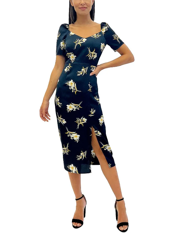 Womens Satin Floral Fit & Flare Dress